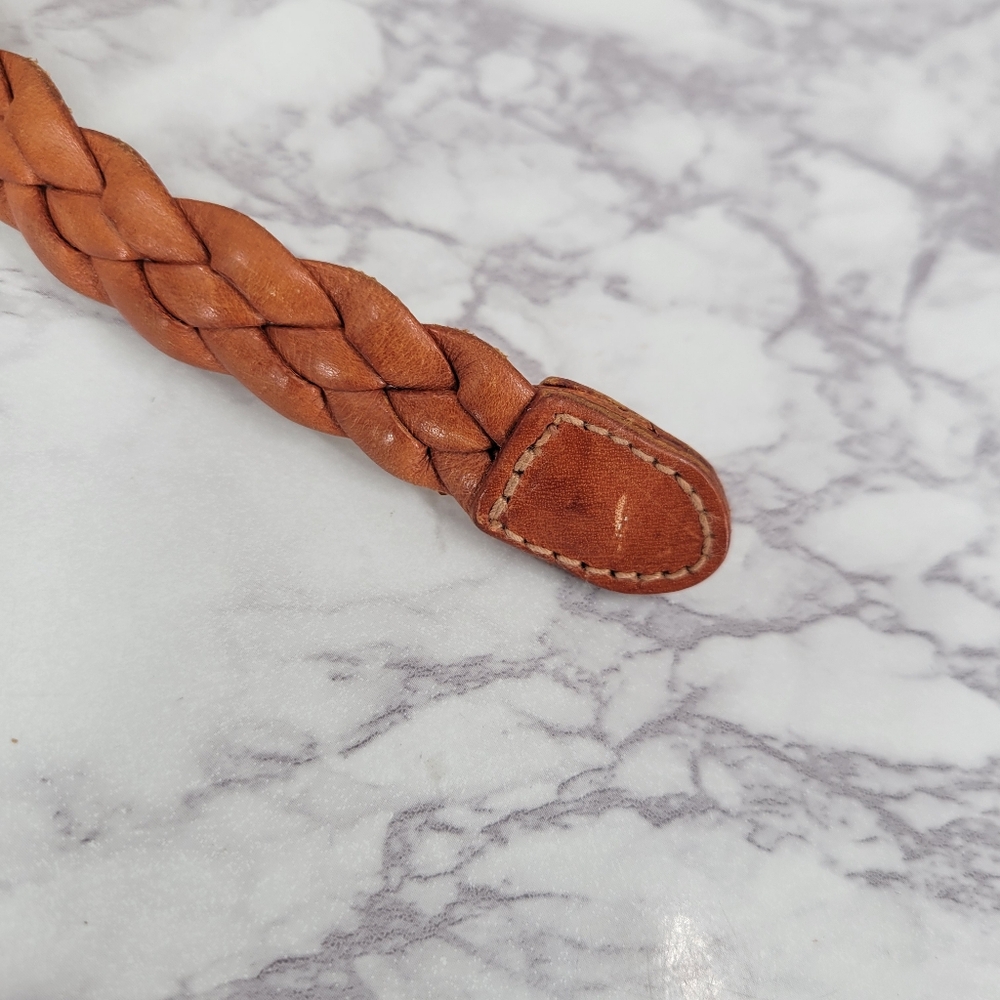 Braided Leather Waist Belt in Cognac with Gold Tone Buckle - Picture 3 of 10